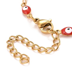 Red Enamel Horse Eye Link Chains Bracelet, Vacuum Plating 304 Stainless Steel Jewelry for Women, Golden, Red, 6-3/4 inch(17.1cm)