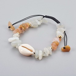 Rutilated Quartz Natural Rutilated Quartz & White Moonstone Chip Braided Bead Bracelets, with Cowrie Shell, 1-7/8 inch~3-1/8 inch(4.7~8cm)