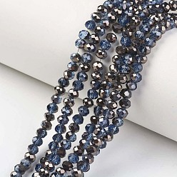 Bleu Marine Plaquent verre transparent perles brins, demi-plaqué noir, facette, rondelle, bleu marine, 4x3mm, Trou: 0.4mm, Environ 123~127 pcs/chapelet, 16.5~16.9 pouce (42~43 cm)
