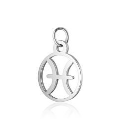 Pisces 304 Stainless Steel Charms, with Jump Rings, Polished, Flat Round with Constellation, Pisces, 13x11x1mm, Hole: 2.5mm