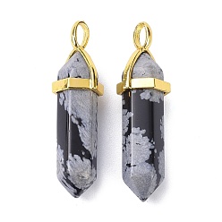 Snowflake Obsidian Natural Snowflake Obsidian Pointed Pendants, with Random Brass Pendant Hexagon Bead Cap Bails, Golden, Bullet, 38.5~40x12~12.5x10~11mm, Hole: 3x4.5mm