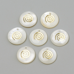 Golden Freshwater Shell Pendants, Flat Round & Vortex, Golden, 16x3.5~4mm, Hole: 1.2mm