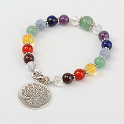 Mixed Stone Multi-Color Gemstone Chakra Charm Bracelets, with Tibetan Style Tree of Life Pendant, Glass Beads, Tibetan Style Spacers and Brass Lobster Claw Clasps, Antique Silver, Mixed Stone, 195mm