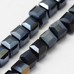 Black Electroplate Glass Bead Strands, AB Color Plated, Faceted, Cube, Black, 4x4x4mm, Hole: 1mm, about 98pcs/strand, 15.7 inch