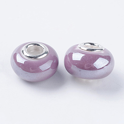 Purple Handmade Porcelain European Beads, with Silver Color Brass Double Cores, Rondelle, Purple, 15x10~11mm, Hole: 5mm