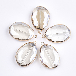 WhiteSmoke Glass Pendants, with Iron Findings, Faceted, Oval, Golden, WhiteSmoke, 40x25.5x10mm, Hole: 2.5mm