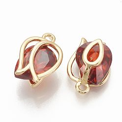 Red Brass Cubic Zirconia Charms, Flower, Real 18K Gold Plated, Red, 12x8x5mm, Hole: 1mm