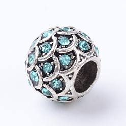 Mixed Color Alloy Rhinestone European Beads, Large Hole Beads, Rondelle, Antique Silver, Mixed Color, 10~11x8.5mm, Hole: 4.5mm