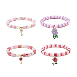 Mixed Color 4Pcs 4 Style Handmade Polymer Clay Heishi Surfer Stretch Bracelets Set, Heart Skeleton Key & Flower Alloy Enamel Charms Bracelets for Women, Mixed Color, Inner Diameter: 2-1/8~2-1/4 inch(5.5~5.7cm), 1Pc/style