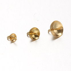 Golden Ion Plating(IP) 304 Stainless Steel Cup Pearl Peg Bails Pin Pendants, For Half Drilled Beads, Golden, 6mm, Hole: 1.8mm, Pin:0.7mm