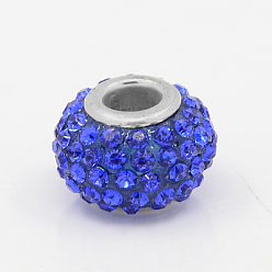 Sapphire Resin Rhinestone European Beads, Large Hole Beads, Rondelle, Platinum Metal Color, Sapphire, 15x10mm, Hole: 5mm