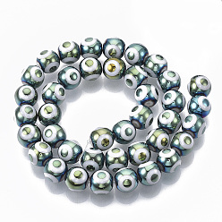Cadet Blue Electroplate Glass Beads Strands, Round with Evil Eye Pattern, Cadet Blue, 8x7.5mm, Hole: 1.2mm, about 40pcs/strand, 12.2 inch