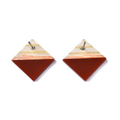 Coconut Brown Opaque Resin & Wood Stud Earrings, with 304 Stainless Steel Pin, Rhombus, Coconut Brown, 17x18mm, Pin: 0.7mm