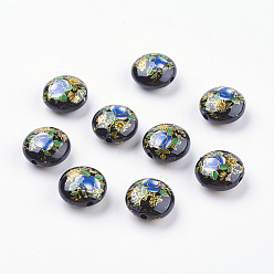 Black Flower Printed Resin Beads, Flat Round, Black, 16.5x9mm, Hole: 2mm