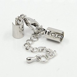 Platinum Brass Chain Extender, with Cord Ends and Lobster Claw Clasps, Platinum, 36mm, Hole: 4mm, Cord End: 10x5mm, Hole: 4mm