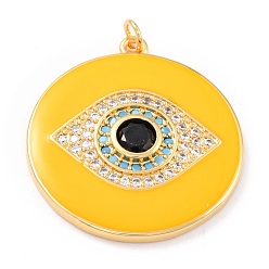 Yellow Real 18K Gold Plated Brass Micro Pave Cubic Zirconia Pendants, with Jump Ring and Enamel, Long-Lasting Plated, Flat Round with 
Evil Eye, Yellow, 33x30x4mm, Jump Ring: 5x1mm, 3mm Inner Diameter