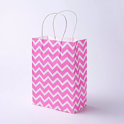 Pink Sacs en papier kraft, avec poignées, sacs-cadeaux, sacs à provisions, rectangle, motif de vague, rose, 21x15x8 cm