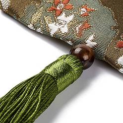 Цвет Оливы Сумка-саше из парчи, сумка с цветочной вышивкой на кулиске, прямоугольник с кисточкой, оливковый, 42 см, мешок: 12.5x8.8x0.2 см, шарика: 0.8~0.9 см, кисточка: 12.5x1 см