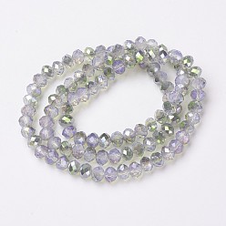 Lavender Electroplate Glass Beads Strands, Imitation Jade Beads, Pearl Luster Plated, Half Green Plated, Faceted, Rondelle, Lavender, 4x3mm, Hole: 0.4mm, about 130pcs/strand, 16.54 inch(42cm)