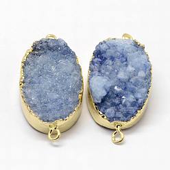 Cornflower Blue Electroplated Natural & Dyed Druzy Agate Links connectors, with Golden Plated Brass Findings, Oval, Cornflower Blue, 30~42x15~27x9~12mm, Hole: 2mm