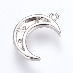 Platinum Brass Charms, with Cubic Zirconia, Moon, Platinum, 16x10x2mm, Hole: 1.2~1.5mm