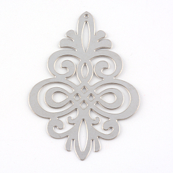 Stainless Steel Color 304 Stainless Steel Filigree Pendants, Flower, Etched Metal Embellishments, Stainless Steel Color, 44x31x0.5mm, Hole: 0.5mm, about 155~170pcs/bag