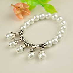 White Carnival Jewelry Tibetan Style Charm Bracelets, Stretch Bracelets, with Glass Pearl Beads, Antique Silver, White, 55mm