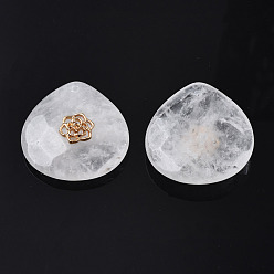 Cristal de Quartz Paramètres de strass pendentif en cristal de quartz naturel, cristal de roche, avec des apprêts fleur en laiton plaqué or clair, facette, larme, s'adapter pour 1.4 mm strass, 28x28x9~20mm, Trou: 1.2~1.5mm