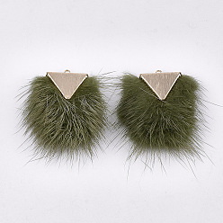 Olive Faux Mink Fur Tassel Pendant Decorations, with Brass Findings, Light Gold, Olive, 40~42x20~30x5.5~7mm, Hole: 2mm
