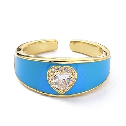 Mixed Color Heart Clear Cubic Zirconia Wide Band Ring for Girl Women, Real 18K Gold Plated Brass Enamel Open Cuff Ring, Mixed Color, US Size 7 1/4(17.5mm)