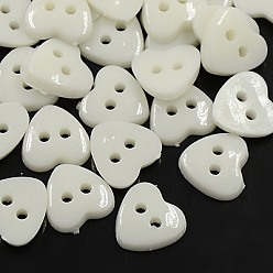 Blanc Boutons acryliques de coeur , boutons de couture en plastique pour la conception de costumes, 2-trou, teint, blanc, 12x12x3mm, Trou: 1mm