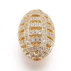 Golden Brass Micro Pave Cubic Zirconia Beads, Sports Beads, Rugby, Clear, Golden, 17x11.5mm, Hole: 1.5mm
