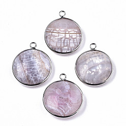 Light Grey Natural Fire Agate Pendants, with Platinum Plated Brass Findings, Dyed & Heated, Flat Round, Light Grey, 27~28x23~24x7~9.5mm, Hole: 2mm