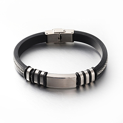 Black Leather Bracelets, with 304 Stainless Steel Findings and Clasps, Stainless Steel Color, Black, 210x9mm