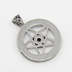 Jet Vintage Men's 304 Stainless Steel Ring with Pentagram Star Pendants, Wicca Pendants, with Rhinestone and Resin, Antique Silver, Jet, 37x28x5mm, Hole: 6x3mm