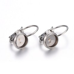 Stainless Steel Color 304 Stainless Steel Leverback Earring Settings, Flat Round, Stainless Steel Color, Tray: 6mm, 16x8x11mm, Pin: 0.7mm
