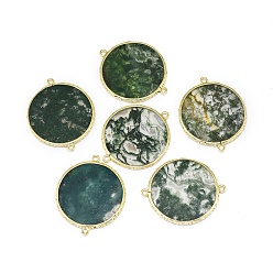 Agate Mousse Connecteurs de liens d'agate de mousse naturelle, avec les accessoires en laiton de tonalité d'or, plat rond, 39~40x32.5~33x2~2.5mm, Trou: 1.8mm