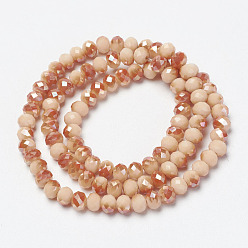 PeachPuff Electroplate Opaque Solid Color Glass Beads Strands, Half Plated, Rainbow Plated, Faceted, Rondelle, PeachPuff, 4x3mm, Hole: 0.4mm, about 123~127pcs/strand, 16.5~16.9 inch(42~43cm)