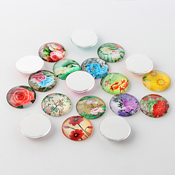 Mixed Color Flower Printed Glass Cabochons, Half Round/Dome, Mixed Color, 10x4mm