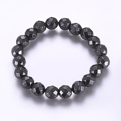 Hematite Plated Magnetic Synthetic Hematite Beaded Stretch Bracelets, Round, Faceted, Hematite Plated, 2 inch(51mm)