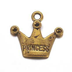 Antique Golden Tibetan Style Pendant Rhinestone Settings, Crown, Lead Free and Cadmium Free, with Word Princess, Antique Golden, 19x17mm, Hole: 2mm