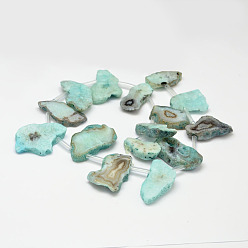 Light Sea Green Dyed Natural Agate Nuggets Beads Strands, Light Sea Green, 19~30x30~56x5~9mm, Hole: 2mm, about 13~15pcs/strand, 15.3 inch
