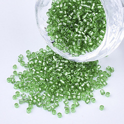 Vert Clair Perles cylindriques en verre, Perles de rocaille, Argenté, trou rond, vert clair, 1.5~2x1~2mm, Trou: 0.8mm, environ 8000 pcs / sachet , environ 85~95 g /sachet 