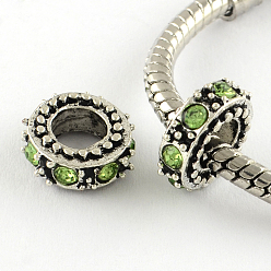 Mixed Color Antique Silver Plated Alloy Rhinestone Donut Large Hole European Beads, Mixed Color, 11x4.5mm, Hole: 5mm