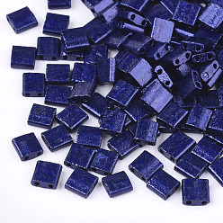 Dark Blue 2-Hole Baking Paint Glass Seed Beads, Rectangle, Dark Blue, 5x4.5~5.5x2~2.5mm, Hole: 0.5~0.8mm