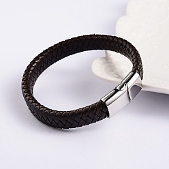 Brun De Noix De Coco Cuir à la mode des bracelets de corde tressée, avec 304 fermoirs magnétiques en acier inoxydable, brun coco, 220x12x6mm