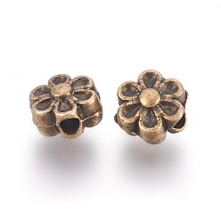 Antique Bronze Tibetan Style Beads, Zinc Alloy, Lead Free & Cadmium Free, Antique Bronze Color, Lovely Flower, Great for Mother's Day Gifts making, Size: about 6.5mm in diameter, 4.5mm thick, hole: 1mm
