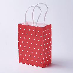 Rouge Sacs en papier kraft, avec poignées, sacs-cadeaux, sacs à provisions, rectangle, motif de points de polka, rouge, 15x11x6 cm