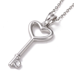 Stainless Steel Color 304 Stainless Steel Heart Skeleton Key Pendant Necklace for Women, Stainless Steel Color, 19.69 inch(50cm)