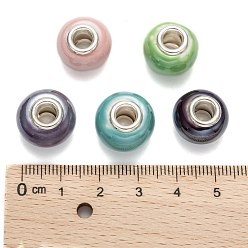 Mixed Color Handmade Porcelain European Beads, with Silver Color Brass Double Cores, Rondelle, Mixed Color, 15x10~11mm, Hole: 5mm
